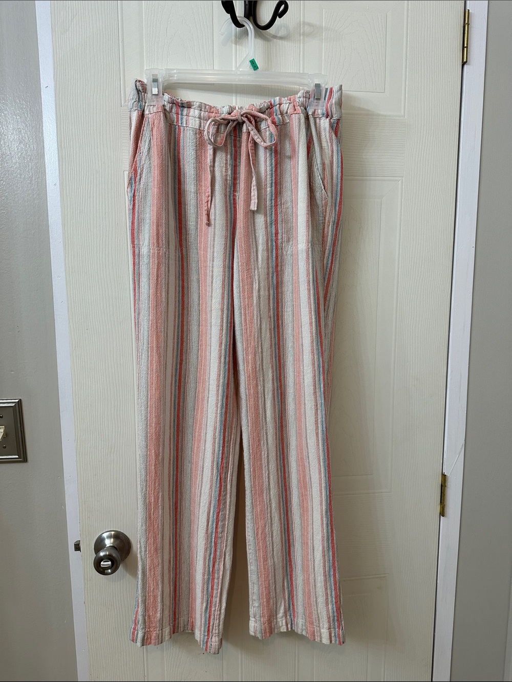 Per Se Linen Striped Flare Pants for Women in Coral, Blue & Cream w/Pockets